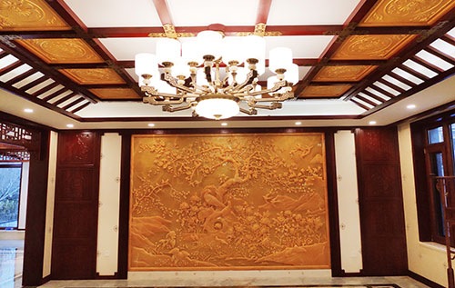 青海中式别墅客厅中式木作横梁吊顶装饰展示